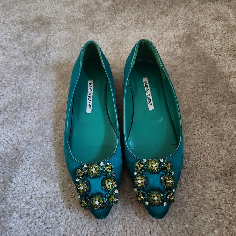 Manolo Blahnik HANGISIFLAT Green Satin Jewel Buckle Flat Green Satin Jewel